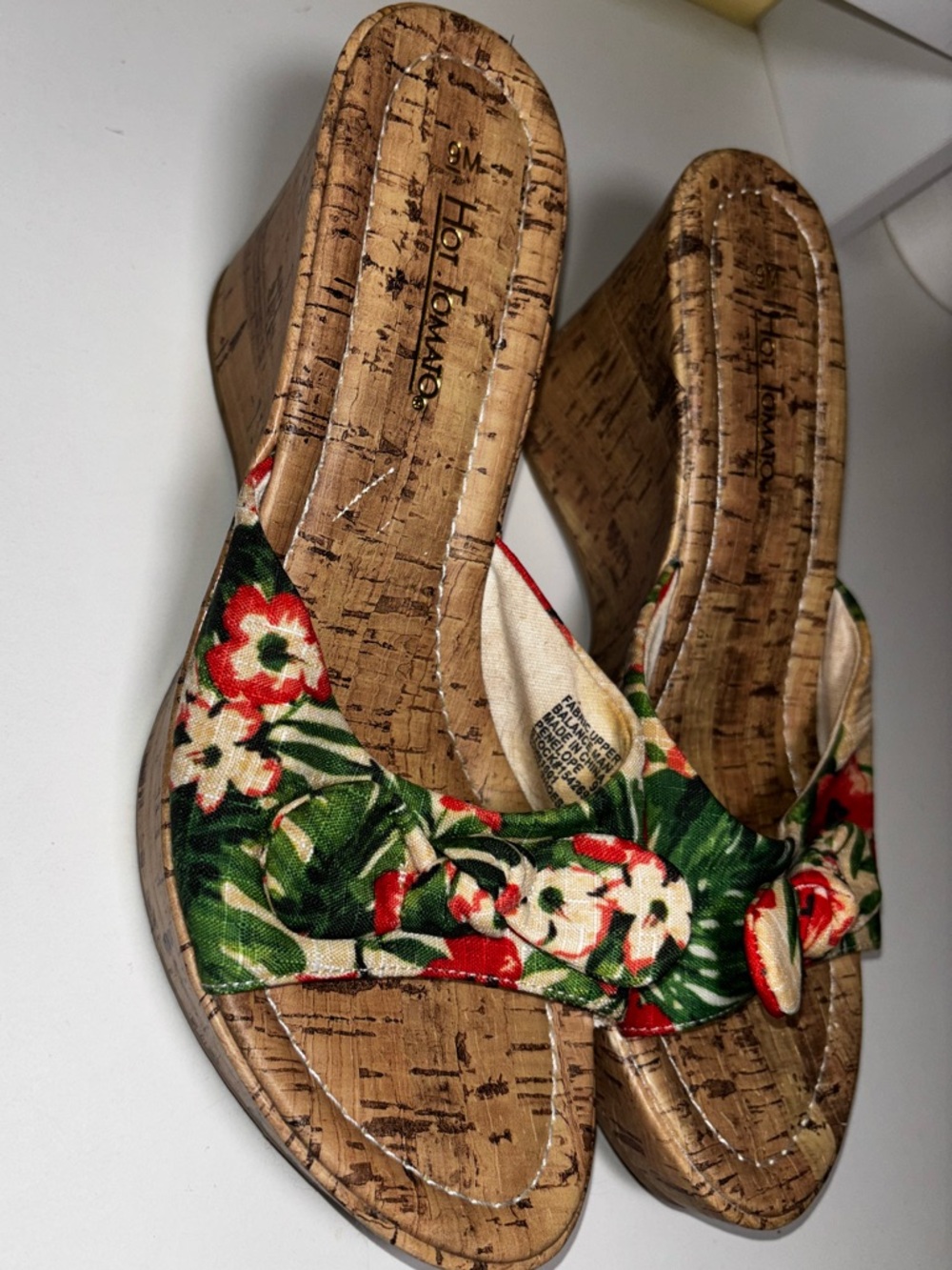 Hot Tomato Tropical Floral Cork Wedge Sandals Slides Bow Summer Size 9 Resort - Picture 5 of 11